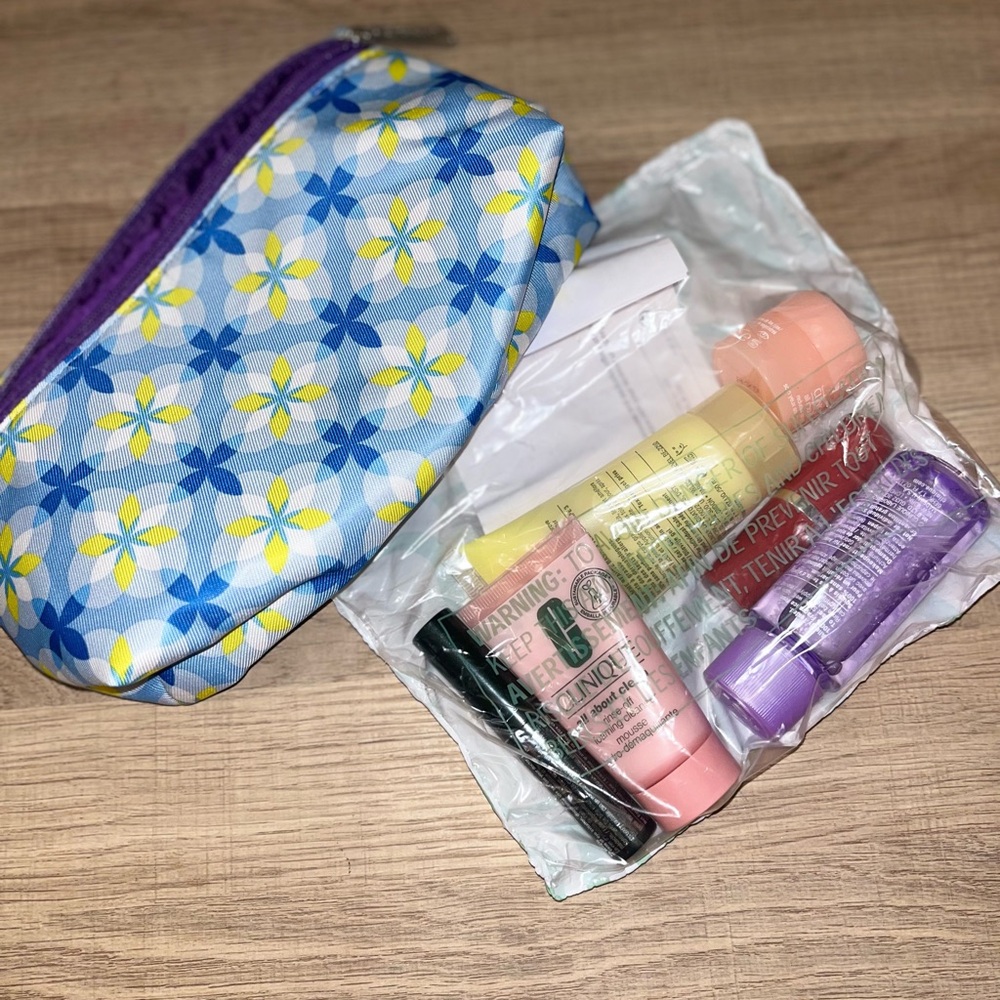 Clinique Skincare Set with Floral Bag - Blue, Yellow, Pink, Purple